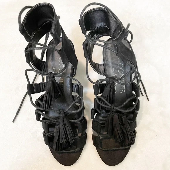 COCONUTS MATISSE Copa Tassel Lace Up Strappy Sandals Heel Suede Black 6 - Picture 2 of 7